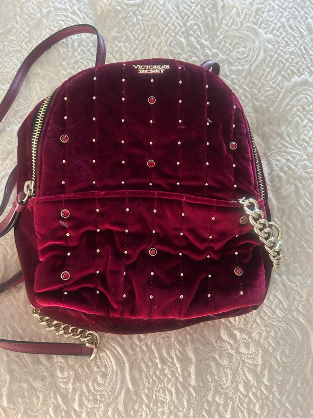 Victoria's Secret Burgundy Velvet Studded Mini Backpack